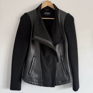 Black Leather Jacket with Wool Blend Textured Sleeves